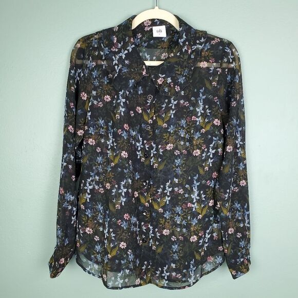 cABi Sheer Hillside Black Floral Ruffle Floret Blouse Size Small - Picture 1 of 6